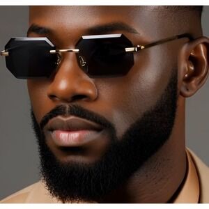 Rimless‎ Sunglasses Dark Black Lens Gold UV400 Protect Men Fashion Trendy Shades